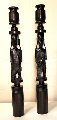 African Ebony Wood Hand Carved 2 Pce Candle Holder 18''tall.
