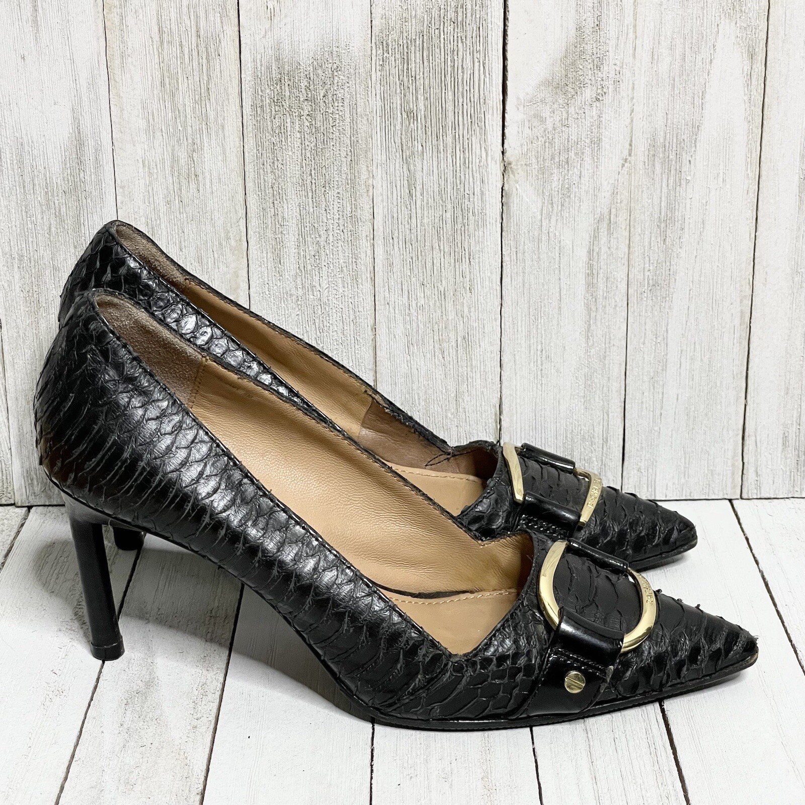 RACHEL ZOE Snakeskin Pointed Toe Stiletto Heels