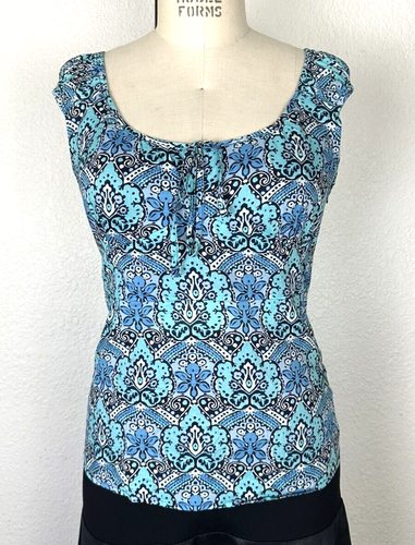 Ann Taylor Blouse Size 8P Floral Sleeveless Cotton Blue Vintage Soft Cottage