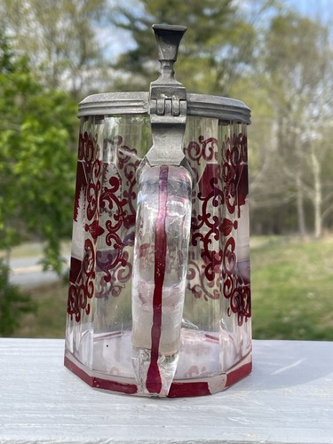 Antique Ruby Red Cut to Clear Glass Beer Stein Germany Bohemian Rosenborg Castle - Picture 11 of 24
