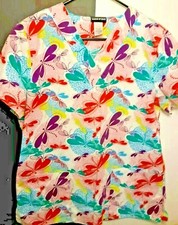 Scrub Top Size Small White Multi Colored Dragon Fly Scrub V Neck scrubs Studios