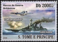 WWII HMS HOOD (51) Battlecruiser Warship & Douglas TBD Devastator Aircraft Stamp