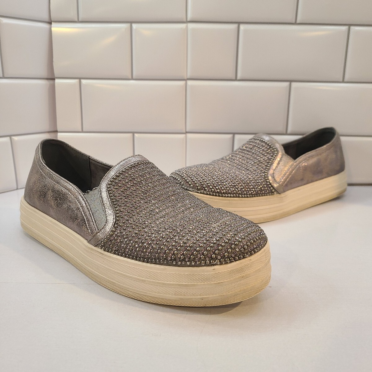 Skechers Street Double Up Shoes Womens Size Shiny Dancer 801 PEW SILVER