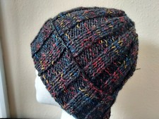 Hand knitted warm and cozy 100 wool beanie/hat, black with colors