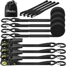 Ratchet Tie Down Straps with Safety Clip 4-Pack 1" x 15' & 4 Soft Loops - 500 lb