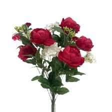 22" Red and White Artificial Peony & Hydrangea Floral Bush