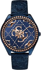GUESS SUPER LOGO WOMEN'S WATCH BLUE TEXTURED LEATHER ROSE NAVY gemmed W0473L1