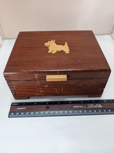 Vintage Scottie Dog Carved Wood Inlay Cedar Box Cigar, Tea, Jewelry, Trinket - Picture 11 of 11