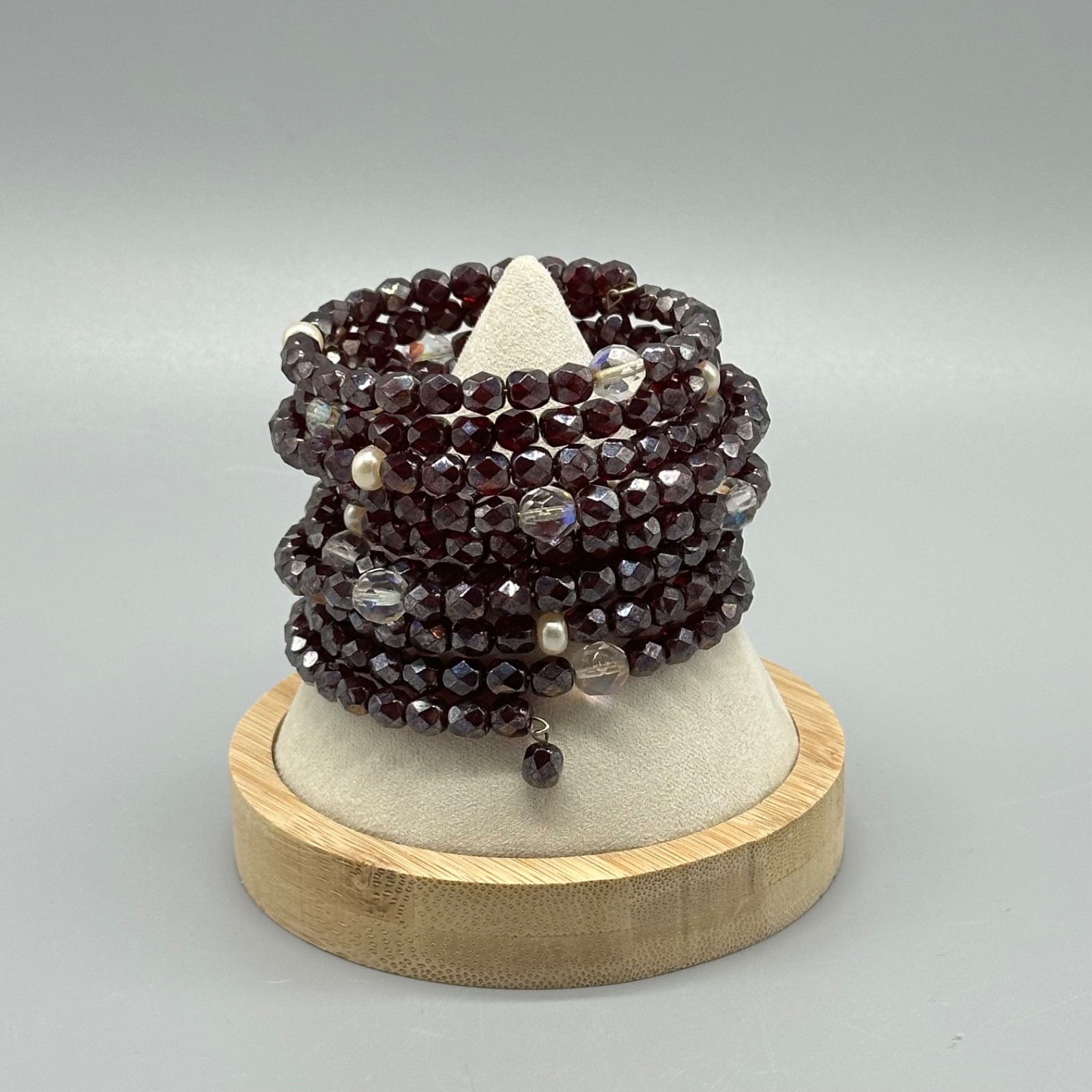 Beaded Ruby Pearl and Clear Wire Memory Bracelet … - image 1