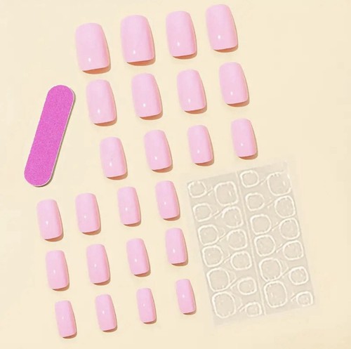 24 Medium Square Plain Baby Pink Press On False Nails Brand New - Picture 4 of 5