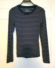LOFT Navy Beige Striped Knit Top Round Neck Long Sleeve Modal Stretch XS