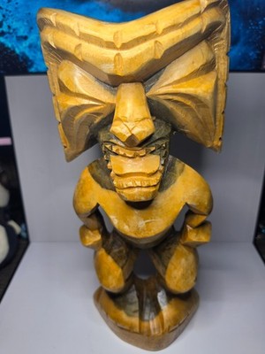 Vintage Hand Carved Wood Hawaiian Ku Tiko God Statue Kona Style Polynesian 14''