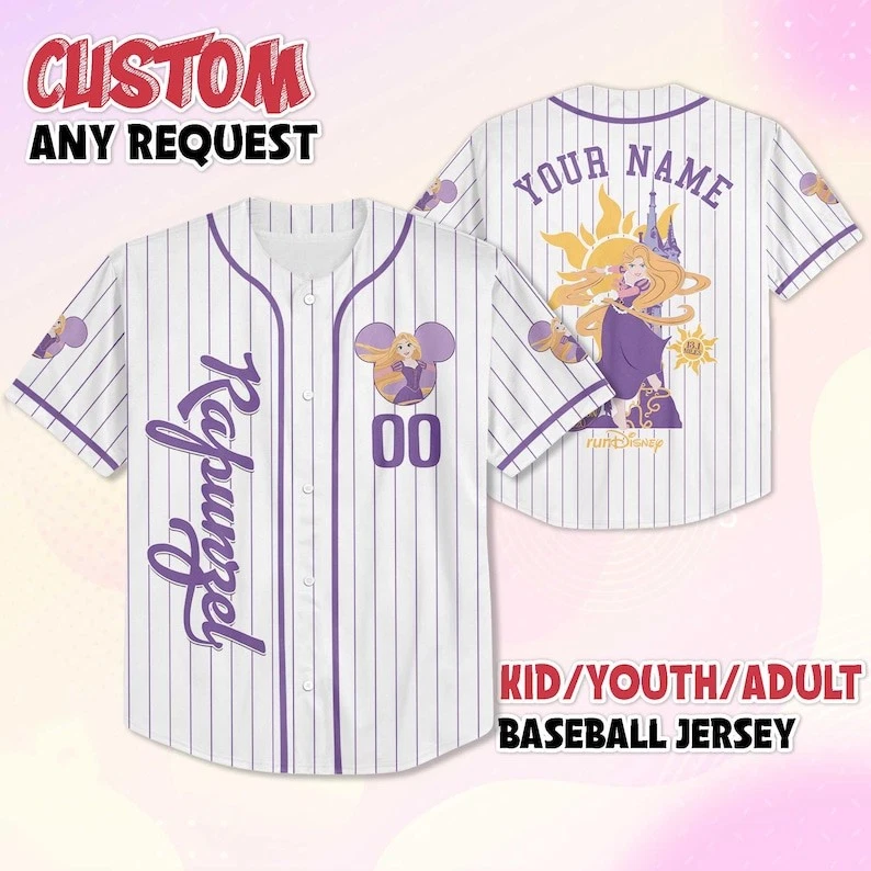 Custom Tangled Rapunzel Princess Purple White Striped Baseball Jersey Shirt