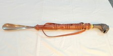 23" Long Shoe Horn Lion Face Solid Brass Wood Leather Handmade Dressing Aid