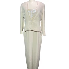 Daymor Couture Beaded Embellished Blazer & Dress Set Ivory Size 12 Formal