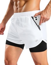 Men's 2 in 1 Workout Running Shorts 5" with Zipper Pockets Quick Dry Gym Athl...