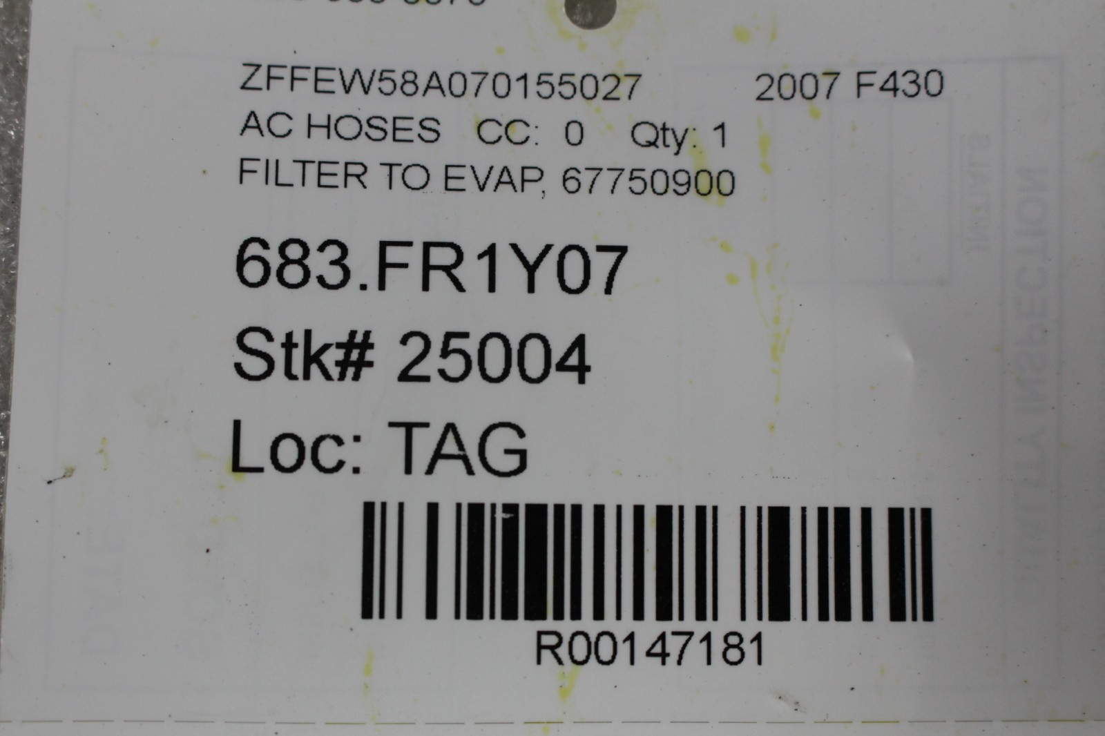 Ferrari F430, AC Hose, Filter To Evaporator, Pipe, Used, P/N 67750900