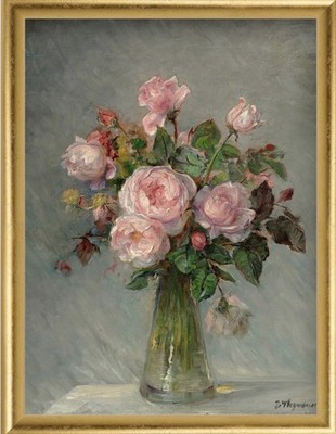 Roses In Glass Vase Still Life Painting Canvas Framed Wall Art 13 x16 