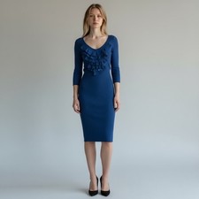  RED Valentino Blue Ruffle Front Bodycon Sheath Dress Women's Small Feminine