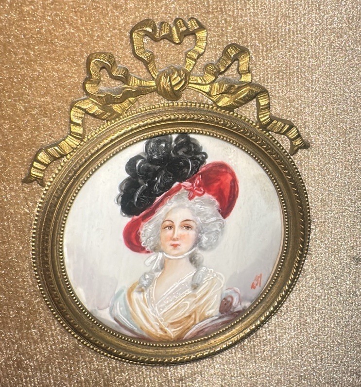 French Style 1800 Miniature Picture Red Hat Black Feathers Flower In Hair Signed