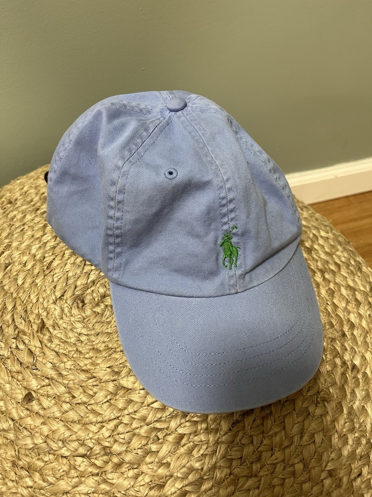 VINTAGE Ralph Lauren Polo Cappello Berretto Cinghia Schiena Blu Chiaro Verde Pony Baseball Uomo