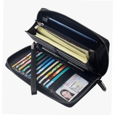 RFID Leather Clutch Wallet Black Zip Around Phone Travel Card Holder Purse Daily