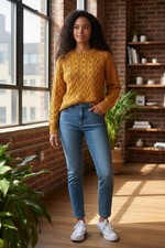 Suéter suéter de punto con cable amarillo mostaza grande para mujer Lucky Brand cuello redondo