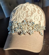 Rhinestone & Lace Embellished Hat, Taupe, Adjustable 