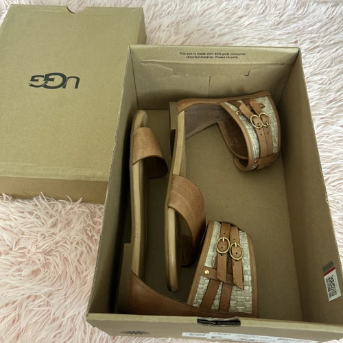 SANDALI ALLA CAVIGLIA UGG Australia SAVANA CESTINO METALLIZZATO PELLE Castagno Donna