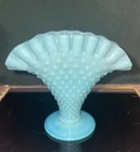 Vintage Fenton Light Blue Milk Glass Hobnail Miniature Fan Vase