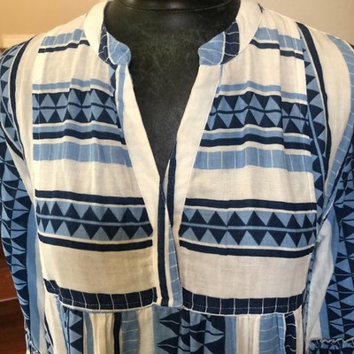 Elan Women's Blue/White Tiered Swing Dress M Long Sleeves Cotton Pockets  NWT $89