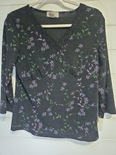 Black Floral Babydoll Tunic Top 3/4 Sleeves Size M Y2K Dark Fairy Whimsy y2k