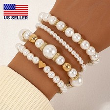 4pcs Heart  Faux Pearl Beaded Bracelet Women Bracelet Stackable Bracelet U