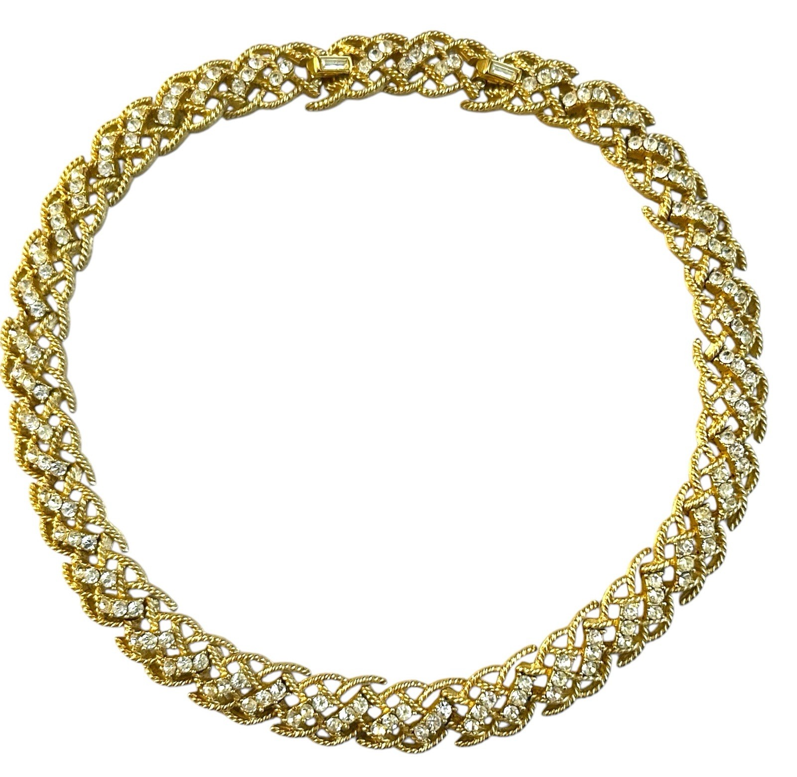 Crown Trifari Necklace Gold Tone Clear Rhinestone Lattice Collar With Extension