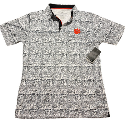 Colosseum Clemson Tigers Men Medium Polo All Over Doodle Print White Orange