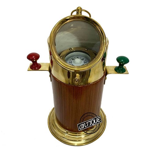 Antique Brass Nautical Gimbal Compass Vintage Boat Ship Compass with Wood Marine - 第 3/4 張圖片