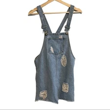 Vintage Denim Overall Jumper Dress Distressed Destroyed Light Wash Size Medium
