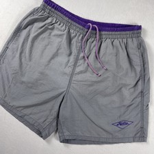 Vtg 90s Hobie Swim Trunks Mens M Gray Purple Nylon Surf Board Shorts Mesh Lined