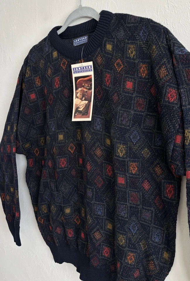 Vintage Jantzen Classics Navy Geometric Acrylic Crew Neck Grandpa Sweater Size L - Image 2 of 4