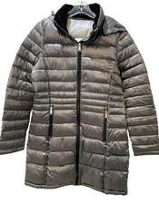 {ANDREW MARC} Gray Jacket Puffer Mid Length Pockets Zippers Hood ~M