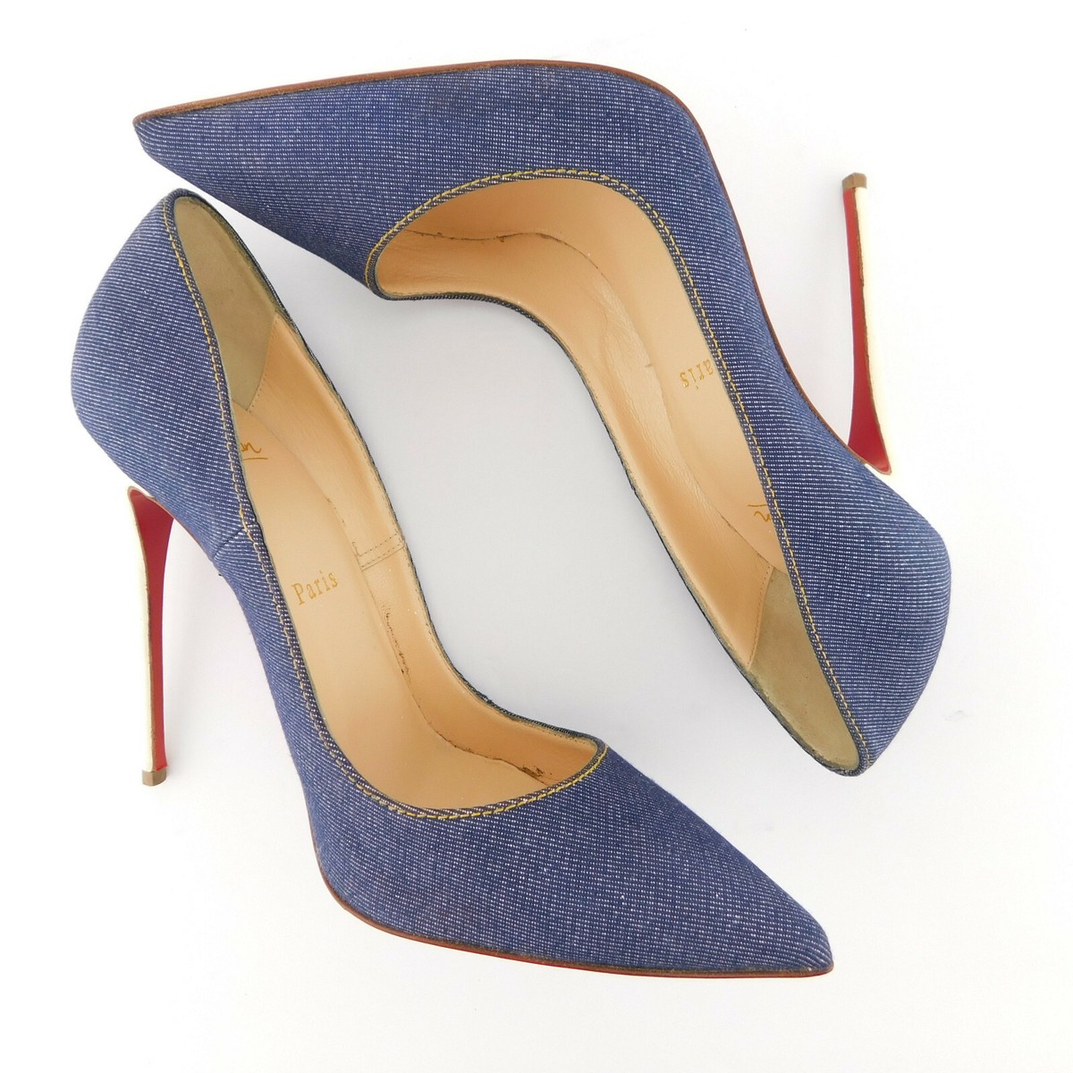 CHRISTIAN LOUBOUTIN Size 7.5 SO KATE Denim Heels Pumps Shoes 38