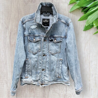 Hollister Men's Epic Flex Distressed Light Wash Blue Denim Jacket