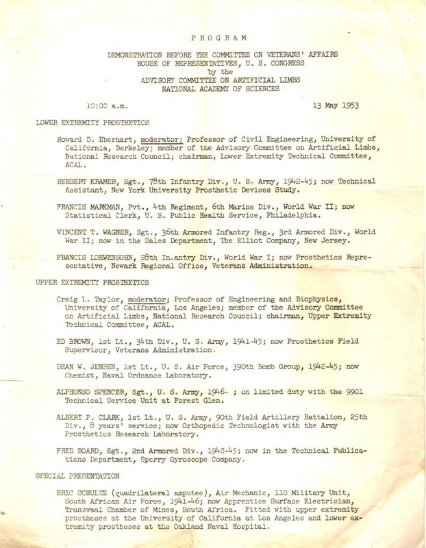 1953 national academy of sciences artificial limbs program for US Veterans