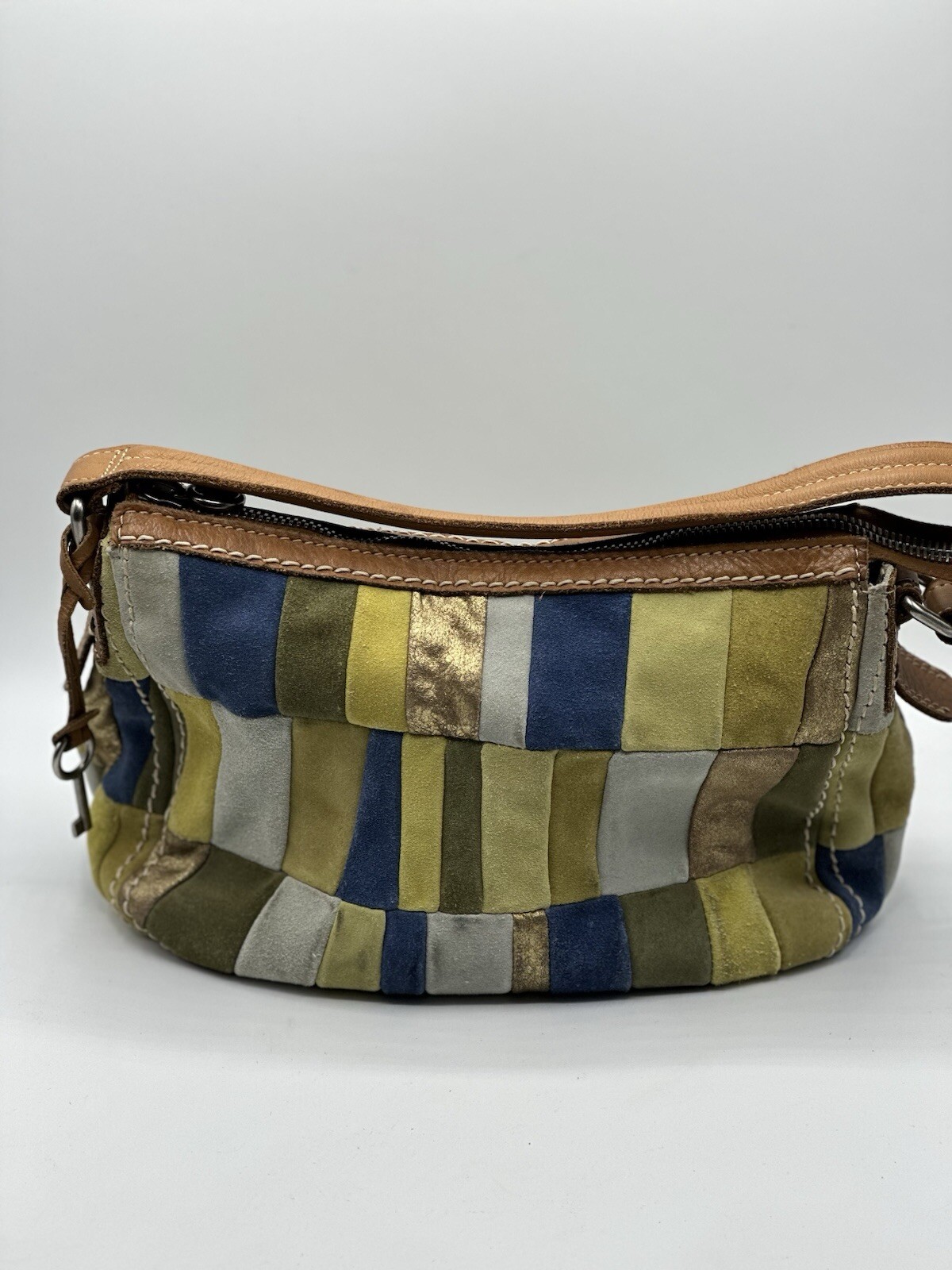 Fossil Patchwork Checkered Leather Suede Retro 70… - image 2