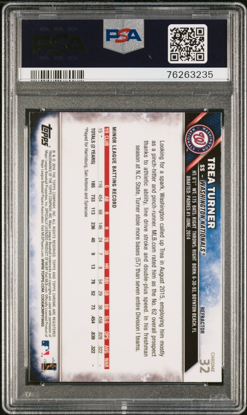 2016 Topps Chrome #32 Trea Turner Refractor Rookie Card RC PSA 10 QTY view 4