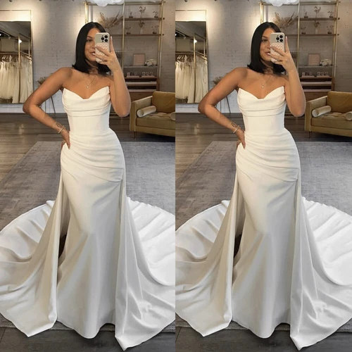 Strapless Satin Wedding Dresses Mermaid with Detachable Train Ruched Bridal Gown
