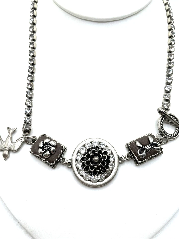 "Collar Steampunk gótico llamativo palanca plata cristal flor plumas 17""" Foto 2 de 4