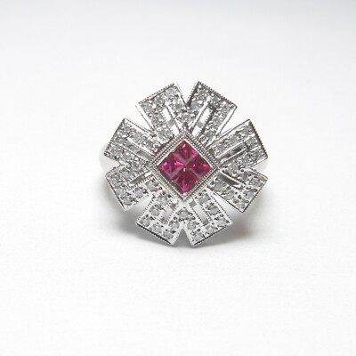 Estate 18K White Gold Natural Fuchsia Pink Ruby Diamond Cluster Ring  Cts