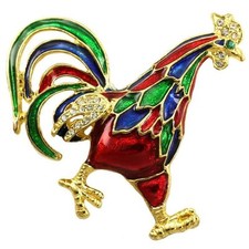 Chicken Rooster Farm Animal Color Stone Crystal Costume Brooch Pin Gold Tone CKP