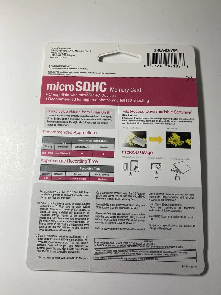 New Sealed Sony 8GB X2 Micro SDHC Cards & 1 SD Adapter SR-8A4D/TQ2 SDHC Class 4 - Image 2 of 2